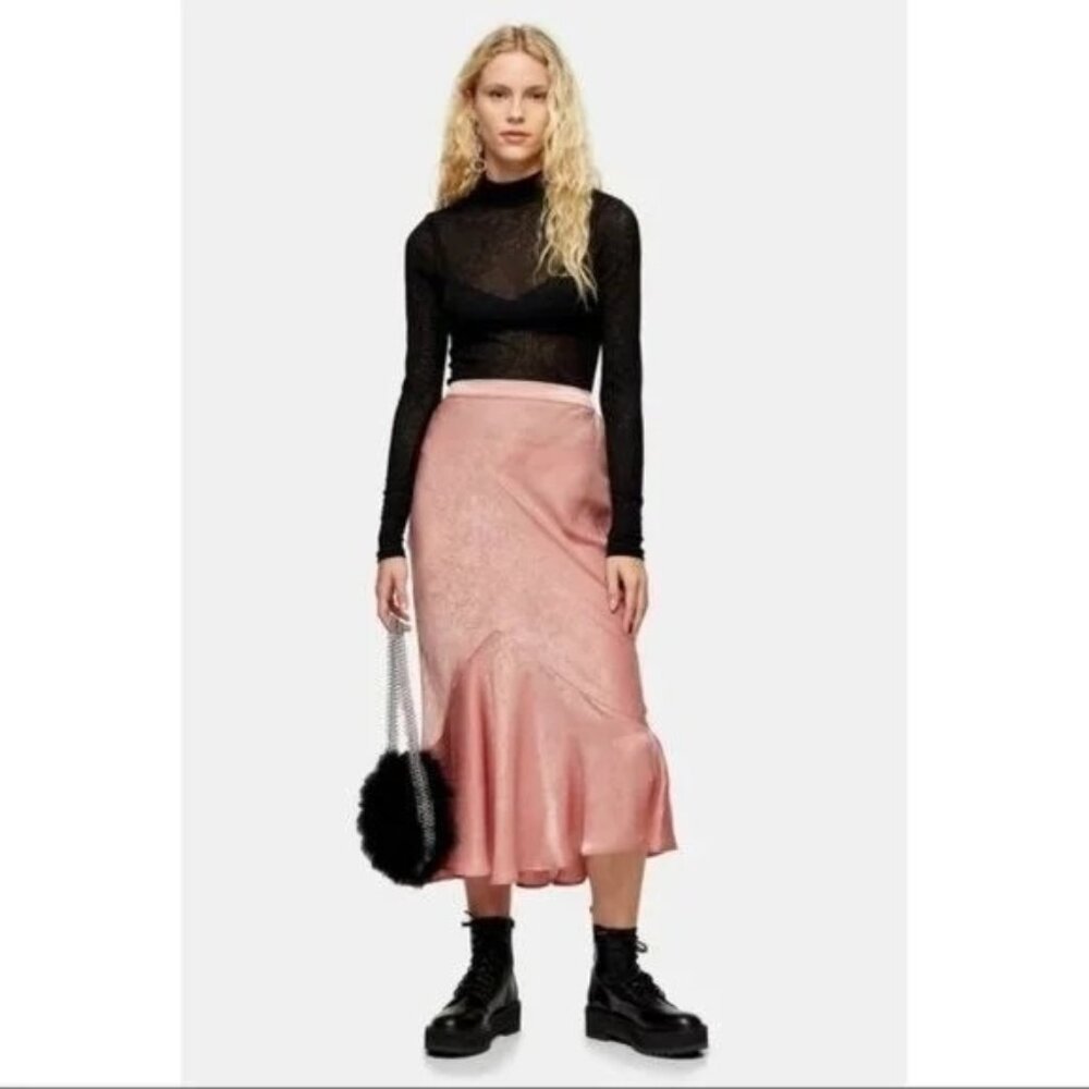 Topshop Rose Pink Floral Jacquard Satin Midi Skirt Asymmetric Ruffle Hem NWT